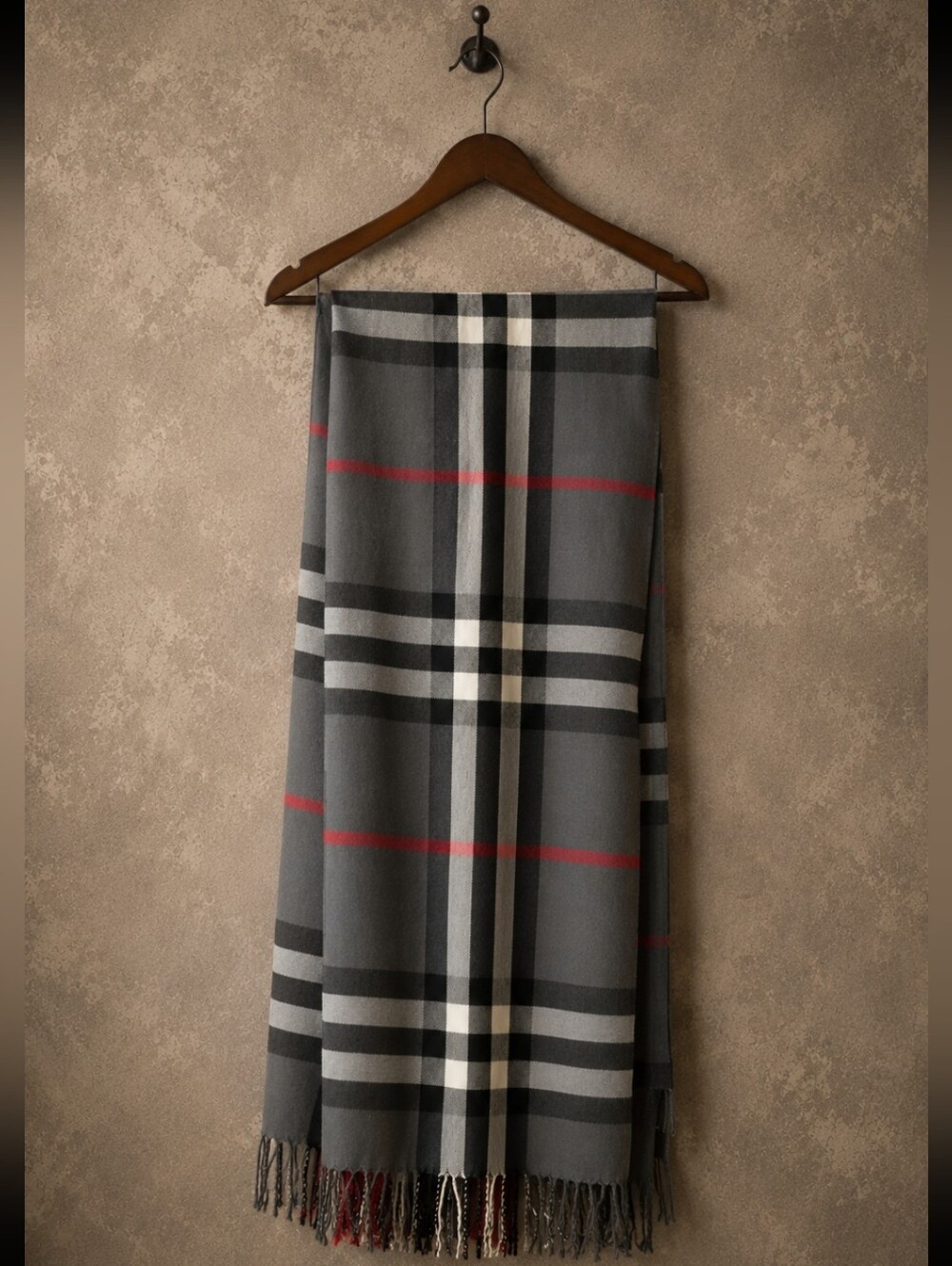 Source Unknown Gray Plaid Fringe Scarf with Black, White & Red Stripes